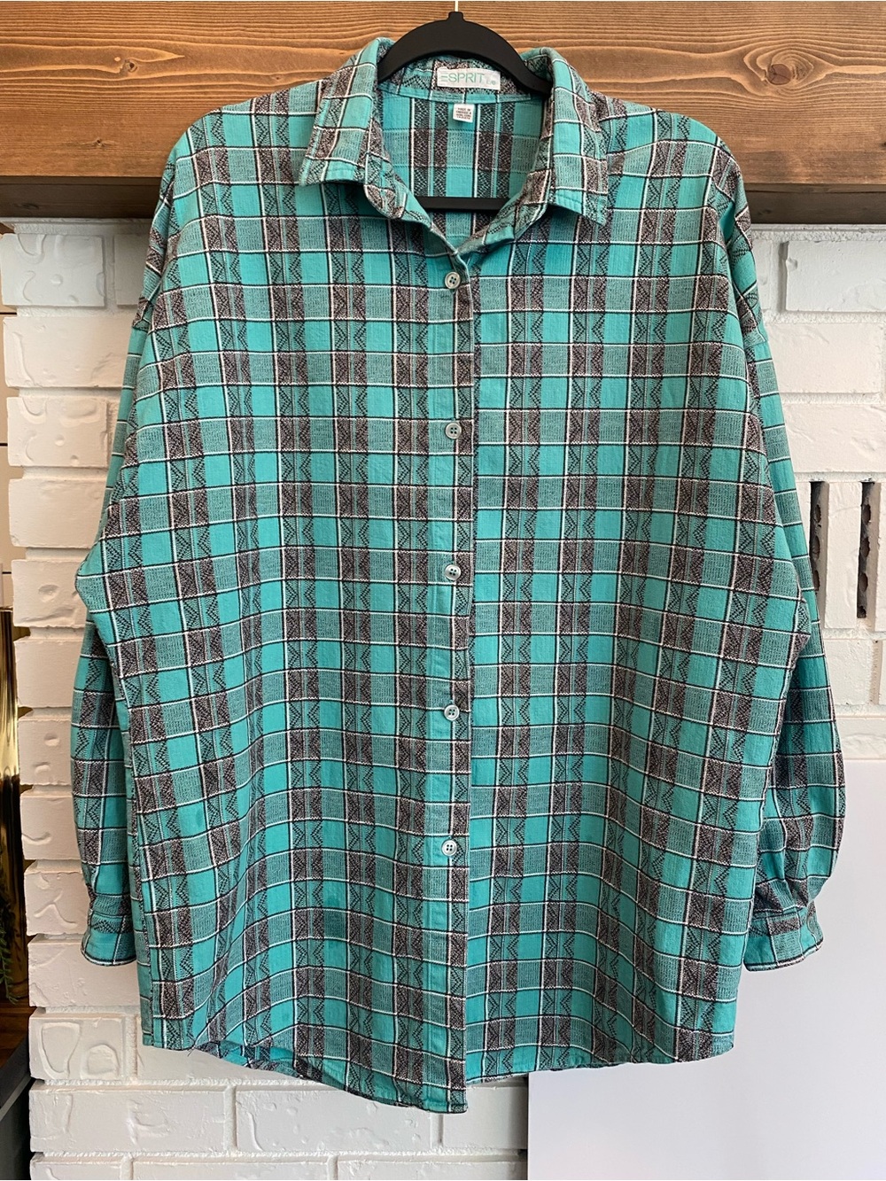 Vintage 80s Esprit Turquoise Plaid 100% Cotton Women’s Button Up Shirt Oversized